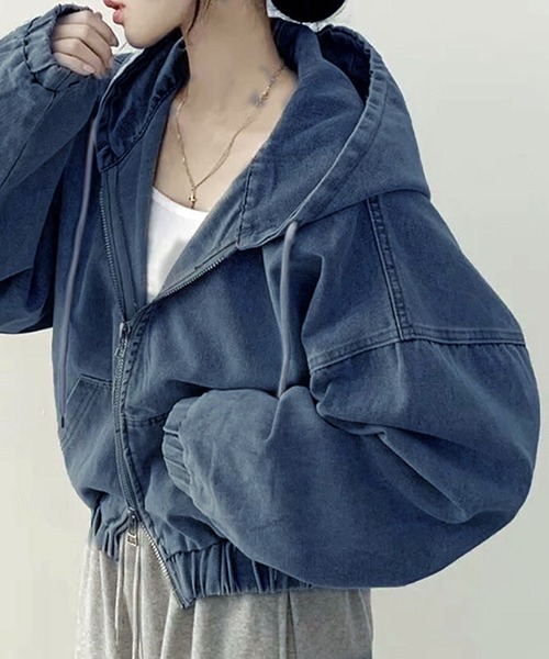 WESTSEA(ウエストシー)の「ショート丈 フード付き デニムジャケット(ブルゾン・レディース・ブラック/ブルー・M/L)」の12枚目の写真
