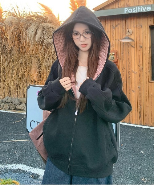 Y2K レトロチェック柄フード付きジップパーカー/韓国っぽゆる