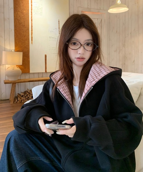 Y2K レトロチェック柄フード付きジップパーカー/韓国っぽゆる