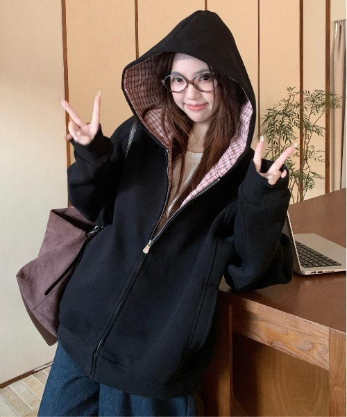 Y2K レトロチェック柄フード付きジップパーカー/韓国っぽゆる