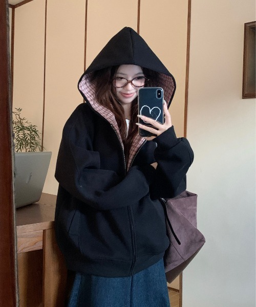 セール】Y2K レトロチェック柄フード付きジップパーカー/韓国っぽゆる