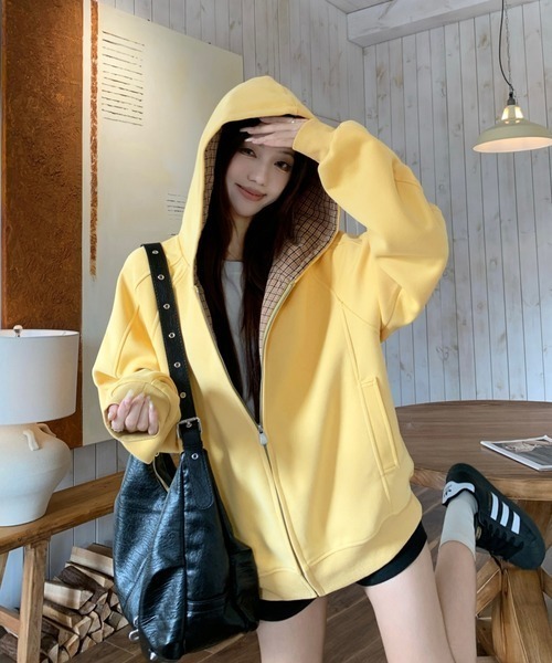 セール】Y2K レトロチェック柄フード付きジップパーカー/韓国っぽゆる