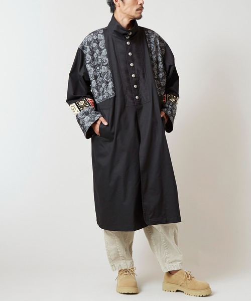 チャイハネ（チャイハネ）の「【チャイハネ】ヤオリ異素材パッチワークMEN'Sロングカーディガン（カーディガン/ボレロ・メンズ・ベージュ/ブラック/ブルー・FREE）」の7枚目の写真