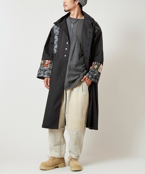 チャイハネ（チャイハネ）の「【チャイハネ】ヤオリ異素材パッチワークMEN'Sロングカーディガン（カーディガン/ボレロ・メンズ・ベージュ/ブラック/ブルー・FREE）」の8枚目の写真