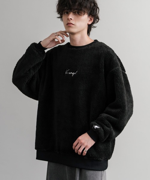 KANGOL（カンゴール）の「KANGOL カンゴール 別注コラボ ロゴ刺繍シャギーボアフリースクルーネックトレーナー（スウェット・メンズ・ベージュ/チャコール/ネイビー/ブラウン/ブラック/オフホワイト・M/L/XL）」の3枚目の写真