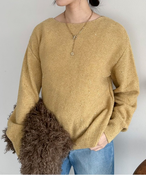 Doux archives(ドゥアルシーヴ)の「スパンコールボートネックニット(ニット/セーター・レディース・アイボリー/ブラウン/ラベンダー/イエロー・FREE)」の5枚目の写真