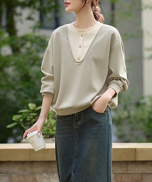 ONEP STAR(ワンピスター)の「ラウンドネックボタン付きネックライントップス(Tシャツ/カットソー・レディース・ライトカーキ・MEDIUM/X-LARGE/LARGE)」の5枚目の写真