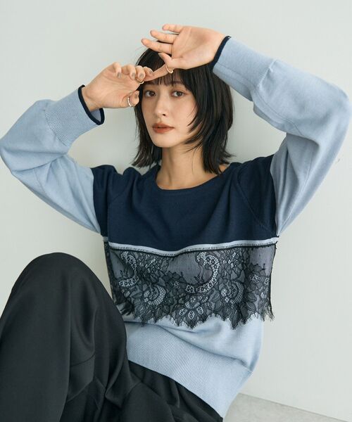 YECCA VECCA（イェッカヴェッカ）の「バイカラーレースニット（ニット/セーター・レディース・ブラック/ライトブルー/チャコールグレー・FREE）」の13枚目の写真