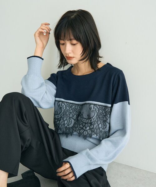 YECCA VECCA（イェッカヴェッカ）の「バイカラーレースニット（ニット/セーター・レディース・ブラック/ライトブルー/チャコールグレー・FREE）」の14枚目の写真