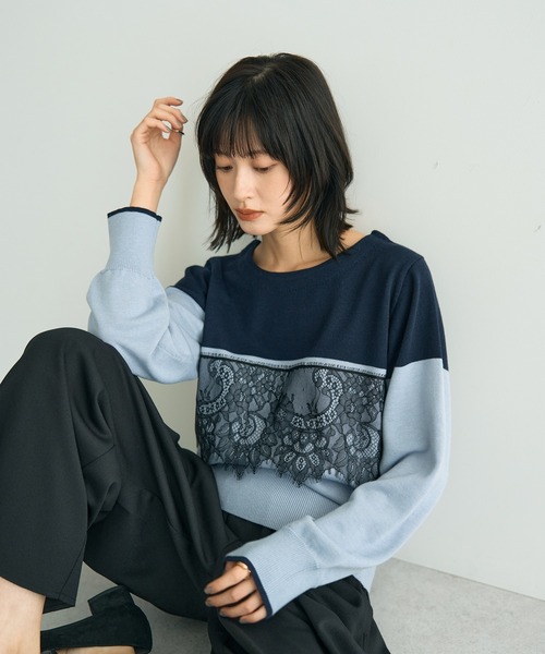 YECCA VECCA（イェッカヴェッカ）の「バイカラーレースニット（ニット/セーター・レディース・ブラック/ライトブルー/チャコールグレー・FREE）」の3枚目の写真