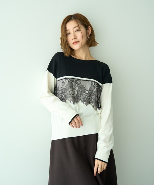 YECCA VECCA（イェッカヴェッカ）の「バイカラーレースニット（ニット/セーター・レディース・ブラック/ライトブルー/チャコールグレー・FREE）」の2枚目の写真