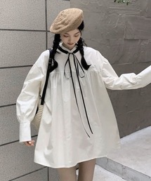 シャツワンピース ノーカラー ロングシャツワンピース」に該当する