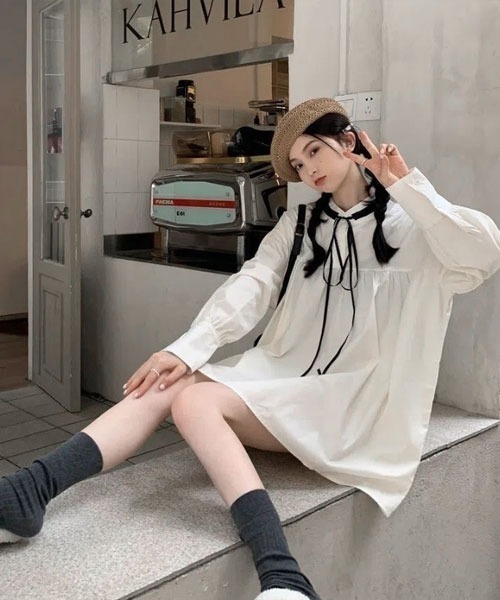 VIBGYOR Women(ヴィブジョー ウィメン)の「【Mayree】リボン ミニワンピース風 ロング丈 ブラウス(シャツ/ブラウス・レディース・アイボリー/ホワイト・SMALL/LARGE/MEDIUM)」の3枚目の写真