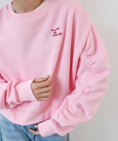 ABYS(アビス)の「袖シャーリング裏起毛スウエット(スウェット・レディース・ピンク/ネイビー/オレンジ/杢グレー・FREE)」の3枚目の写真