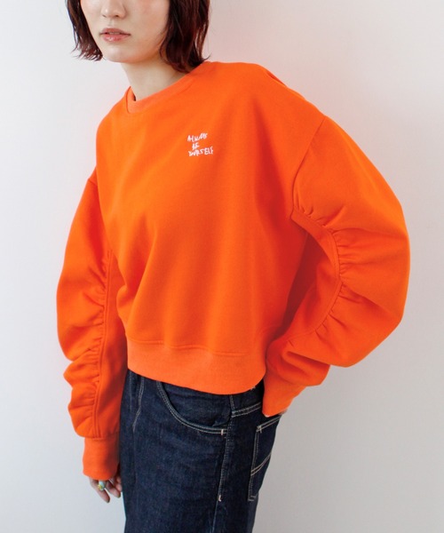 ABYS(アビス)の「袖シャーリング裏起毛スウエット(スウェット・レディース・ピンク/ネイビー/オレンジ/杢グレー・FREE)」の9枚目の写真