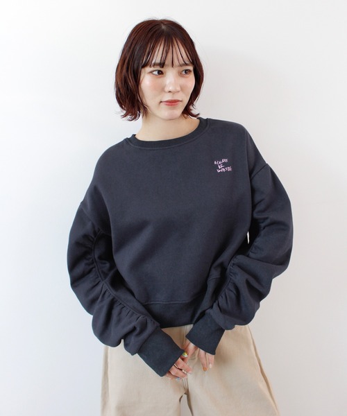 ABYS(アビス)の「袖シャーリング裏起毛スウエット(スウェット・レディース・ピンク/ネイビー/オレンジ/杢グレー・FREE)」の14枚目の写真