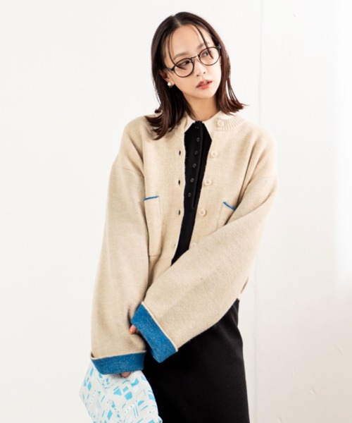 MILLION CARATS（ミリオンカラッツ）の「【ふわ軽あったか＆きれい見え】配色が洒落る！アルパカタッチのWフェイスカーデ（カーディガン/ボレロ・レディース・オフホワイト/チャコールグレー/ブラウン・FREE）」の2枚目の写真