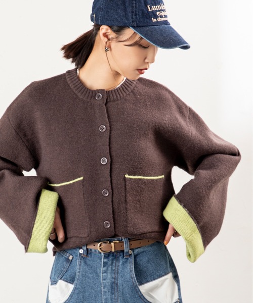 MILLION CARATS（ミリオンカラッツ）の「【ふわ軽あったか＆きれい見え】配色が洒落る！アルパカタッチのWフェイスカーデ（カーディガン/ボレロ・レディース・オフホワイト/チャコールグレー/ブラウン・FREE）」の5枚目の写真