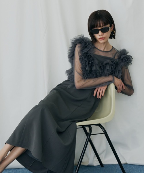 ANDRESD チャコール　ボリュームラッフルレイヤードレス ボリュームラッフルレイヤードレス / volume ruffle layer dress