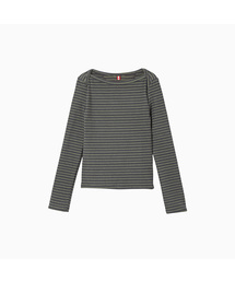 Brushed Striped Boatneck Long T Shirt_Khaki