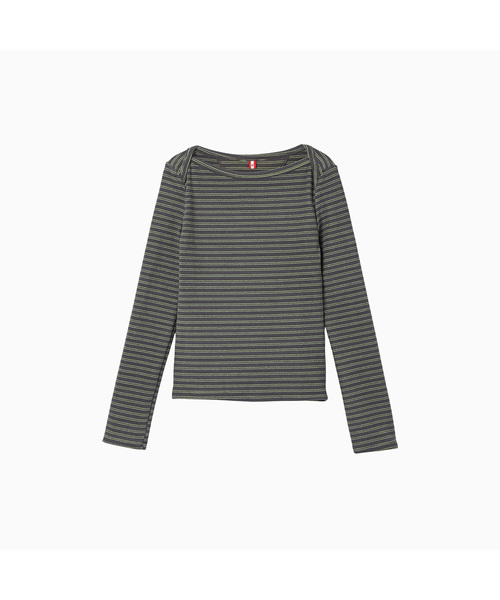 MENASOO(ミナス)の「Brushed Striped Boatneck Long T Shirt_Khaki(Tシャツ/カットソー・レディース・カーキ・F)」の1枚目の写真