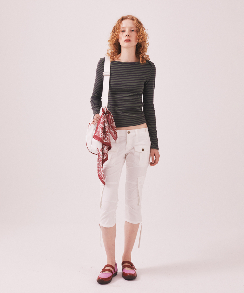 MENASOO(ミナス)の「Brushed Striped Boatneck Long T Shirt_Khaki(Tシャツ/カットソー・レディース・カーキ・F)」の5枚目の写真