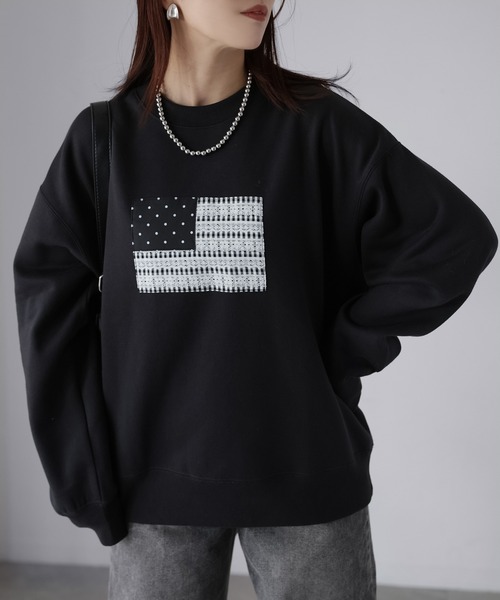 Riberry(リベリー)の「レースパッチワーク国旗裏起毛スウェット(スウェット・レディース・チャコールグレー/杢グレー/オートミール・FREE)」の4枚目の写真