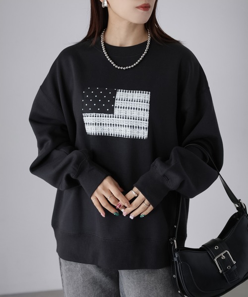 Riberry(リベリー)の「レースパッチワーク国旗裏起毛スウェット(スウェット・レディース・チャコールグレー/杢グレー/オートミール・FREE)」の13枚目の写真