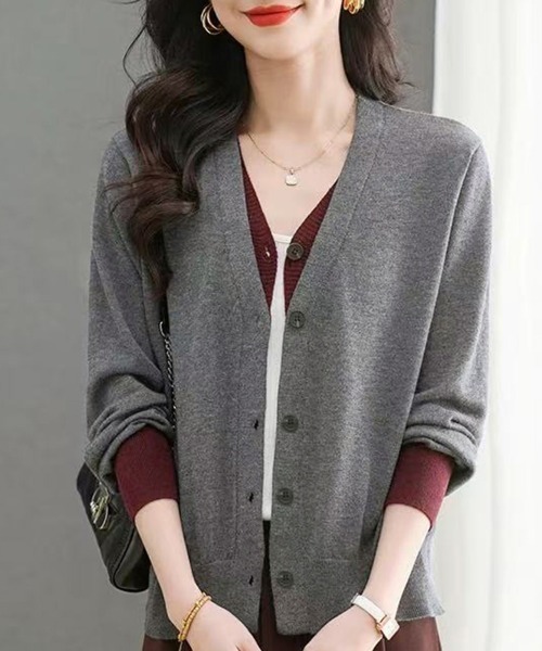 ONEP STAR（ワンピスター）の「配色切替ニットカーディガン（カーディガン/ボレロ・レディース・パープル/イエロー×グレー/グレー・FREE）」の2枚目の写真