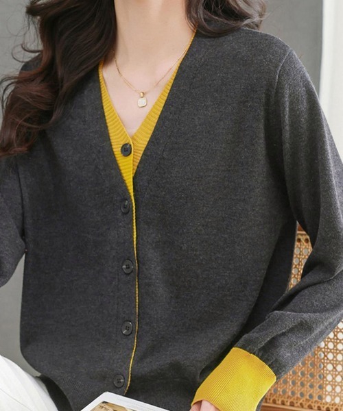ONEP STAR（ワンピスター）の「配色切替ニットカーディガン（カーディガン/ボレロ・レディース・パープル/イエロー×グレー/グレー・FREE）」の4枚目の写真