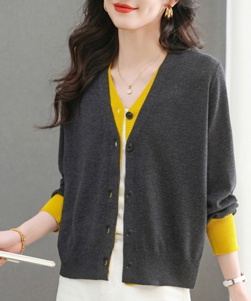 ONEP STAR（ワンピスター）の「配色切替ニットカーディガン（カーディガン/ボレロ・レディース・パープル/イエロー×グレー/グレー・FREE）」の5枚目の写真