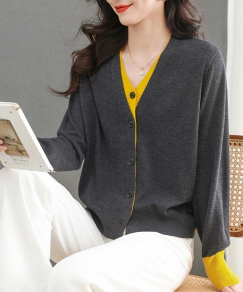 ONEP STAR（ワンピスター）の「配色切替ニットカーディガン（カーディガン/ボレロ・レディース・パープル/イエロー×グレー/グレー・FREE）」の6枚目の写真