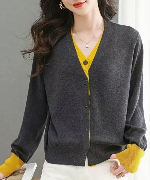 ONEP STAR（ワンピスター）の「配色切替ニットカーディガン（カーディガン/ボレロ・レディース・パープル/イエロー×グレー/グレー・FREE）」の7枚目の写真