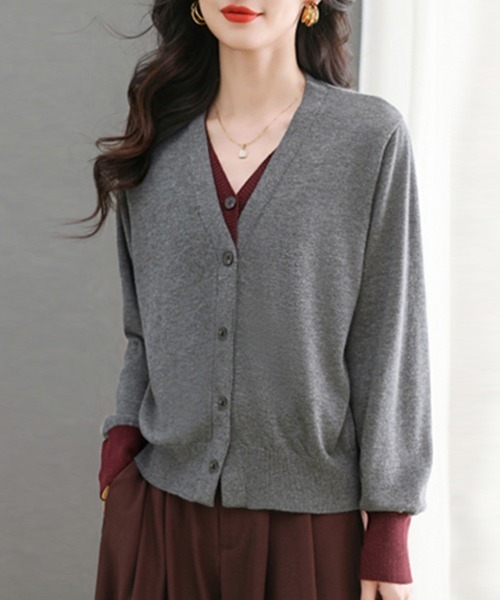 ONEP STAR（ワンピスター）の「配色切替ニットカーディガン（カーディガン/ボレロ・レディース・パープル/イエロー×グレー/グレー・FREE）」の15枚目の写真