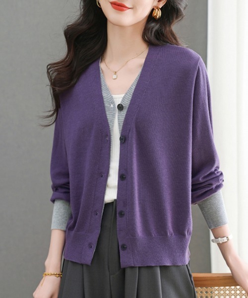 ONEP STAR（ワンピスター）の「配色切替ニットカーディガン（カーディガン/ボレロ・レディース・パープル/イエロー×グレー/グレー・FREE）」の16枚目の写真