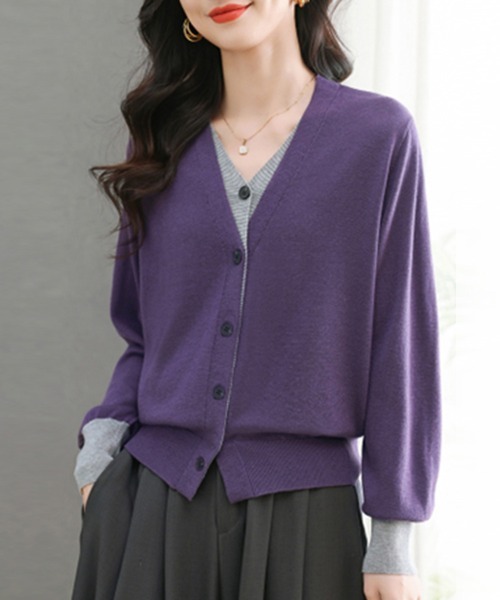 ONEP STAR（ワンピスター）の「配色切替ニットカーディガン（カーディガン/ボレロ・レディース・パープル/イエロー×グレー/グレー・FREE）」の19枚目の写真