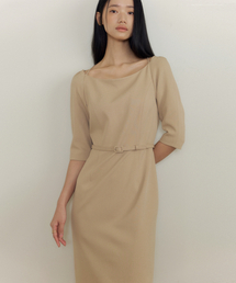 Thalia Belted Boatneck Dress (beige)