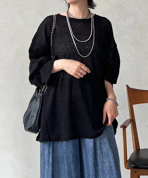 un dix cors(アンディコール)の「メッシュスラブジャージプルオーバー(Tシャツ/カットソー・レディース・ブラック/オフホワイト・FREE)」の7枚目の写真