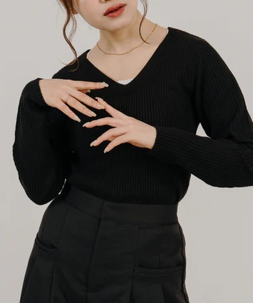 merrylatte(メリーラテ)の「Vネックリブニット【IROHANI】(ニット/セーター・レディース・グリーン/ブラック/ブラウン/ホワイト・FREE)」の10枚目の写真