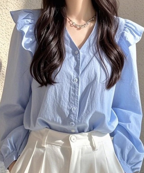 SallyLunn(サリーラン)の「Vネックフリルショルダーブラウス(シャツ/ブラウス・レディース・ブルー・SMALL/MEDIUM/LARGE)」の5枚目の写真
