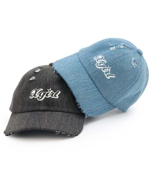 X-girl Stages（エックスガールステージス）の「ロゴ刺しゅうダメージ加工キャップ（キャップ・キッズ・ブラック/ライトブルー・S(48-52cm)/52-56cm）」の7枚目の写真