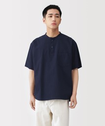 紳士 涼感ヘンリーネック半袖布帛Tシャツ