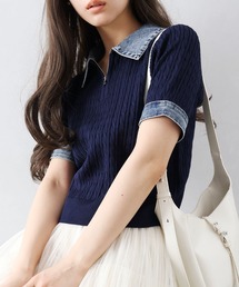 SpRay（スプレイ）の「デニム切替ケーブルハーフジップショートスリーブ（ポロシャツ）」