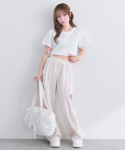 OLIVE des OLIVE(オリーブデオリーブ)の「サイドスリットバレルレッグパンツ(スウェットパンツ・レディース・ピンク/ドット/トップグレー・FREE)」の14枚目の写真
