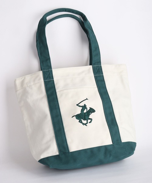 BEVERLY HILLS POLO CLUB(ビバリーヒルズポロクラブ)の「BEVERLY HILLS POLO CLUB / ビバリーヒルズポロクラブ キャンバストートバッグ 大容量 A4収納 ファスナー マチあり 刺繍ロゴ(トートバッグ・メンズ・ホワイト×ブルー/ホワイト×グリーン/ブラック/ホワイト×ネイビー/ベージュ/ネイビー・FREE)」の2枚目の写真