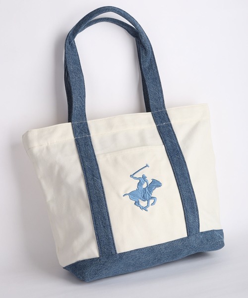 BEVERLY HILLS POLO CLUB(ビバリーヒルズポロクラブ)の「BEVERLY HILLS POLO CLUB / ビバリーヒルズポロクラブ キャンバストートバッグ 大容量 A4収納 ファスナー マチあり 刺繍ロゴ(トートバッグ・メンズ・ホワイト×ブルー/ホワイト×グリーン/ブラック/ホワイト×ネイビー/ベージュ/ネイビー・FREE)」の3枚目の写真