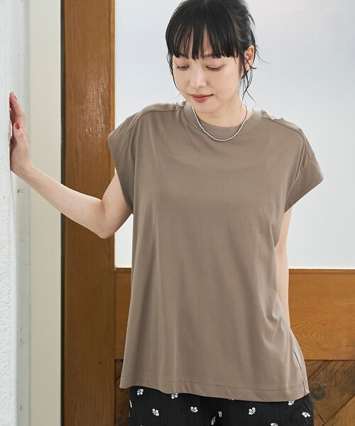 coen(コーエン)の「【Cool Hug Cotton / クールハグコットン】 フレンチスリーブTシャツ(接触冷感)(Tシャツ/カットソー・レディース・モカ/ワインレッド/ブラック/オフホワイト・M/L)」の3枚目の写真