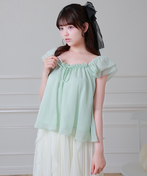 Anely（アネリー）の「楊柳 シアー フリル袖 フロント リボン ブラウス（シャツ/ブラウス・レディース・アイボリー/ミント・FREE）」の9枚目の写真