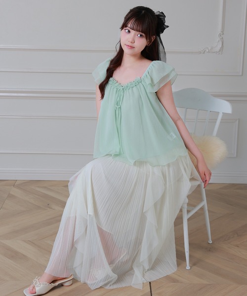 Anely（アネリー）の「楊柳 シアー フリル袖 フロント リボン ブラウス（シャツ/ブラウス・レディース・アイボリー/ミント・FREE）」の12枚目の写真