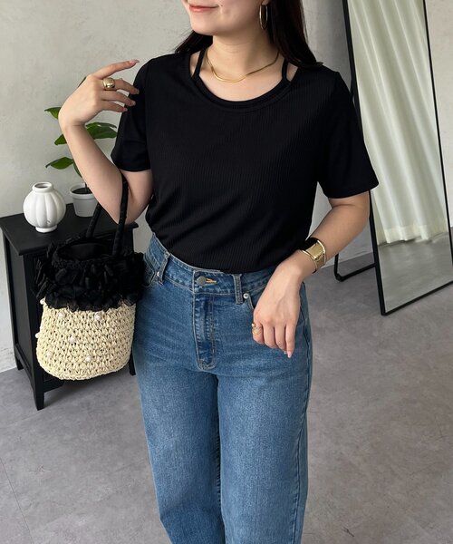 prose verse（プロズヴェール）の「キャミレイヤード半袖リブTシャツ（Tシャツ/カットソー・レディース・ブラック/アイボリー/ブラウン・MEDIUM/LARGE）」の4枚目の写真